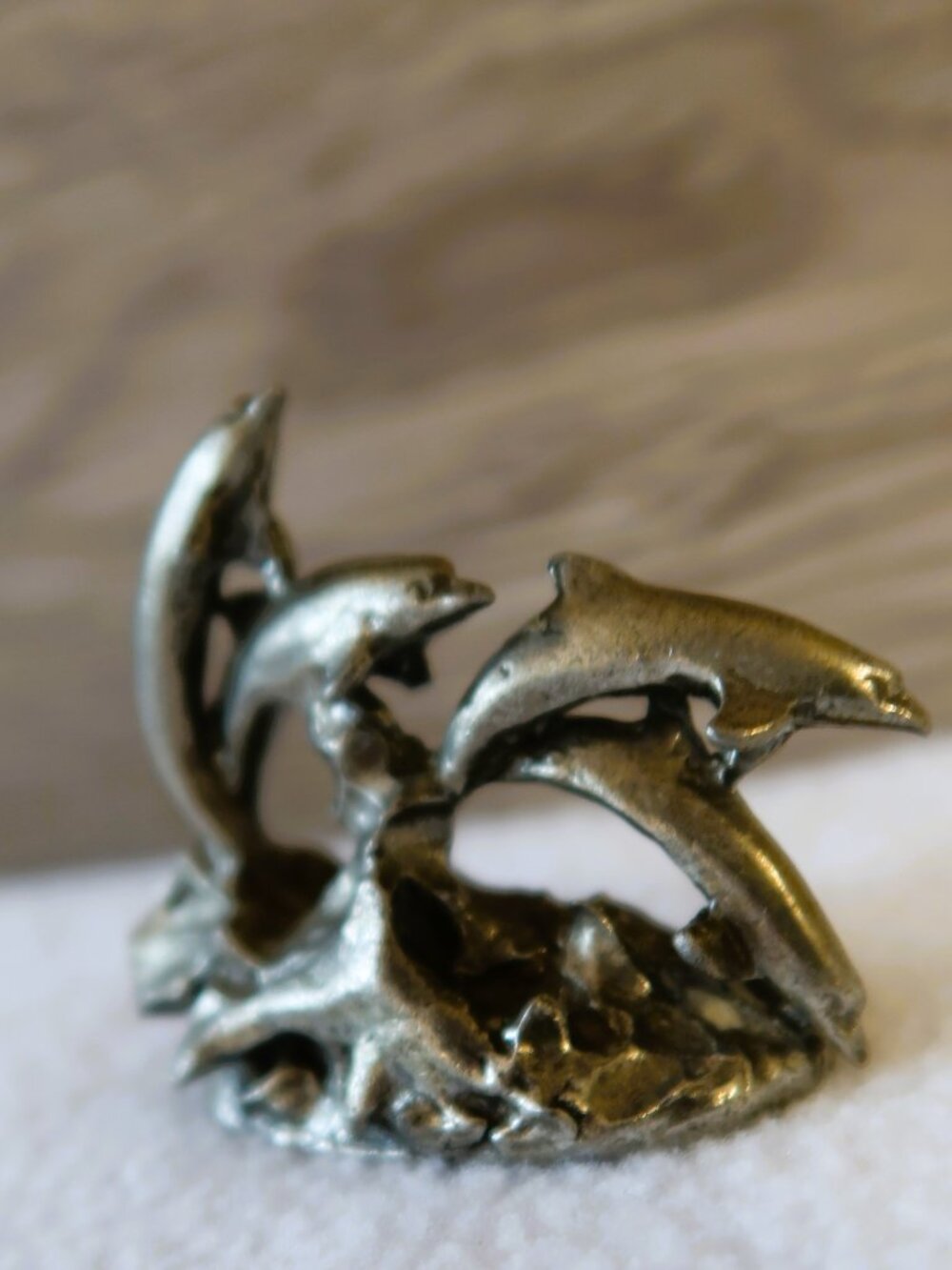 Cute Pewter 4 Dolphins on Waves Nautical Mini Beach Sculpture Office Gift Decor